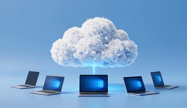 Cloud computing concept with fluffy white cloud floating above multiple laptop computers on blue background symbolizing wireless data storage and synchronized digital information network services