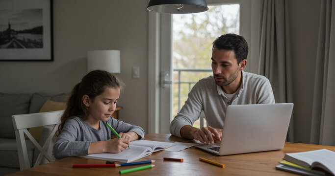 Father helping daughter with homework at home using laptop in natural light
