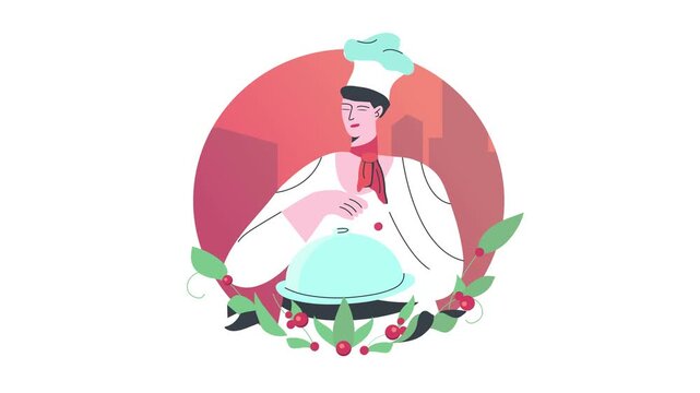 Animated chef holding serving cloche in floral restaurant illustration