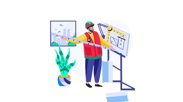 Animated architect measuring blueprint beside drafting board and city view