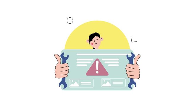 Animated web developer holding website repair panel with warning icon