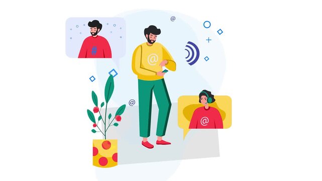 Animated social media communication with people using hashtag and @ icons