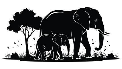 Elephant Mother and Calf Silhouette in African Savanna Nature Scene © SK design