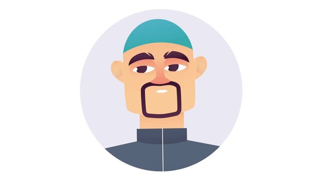Animated flat vector portrait of bearded man avatar in circular icon