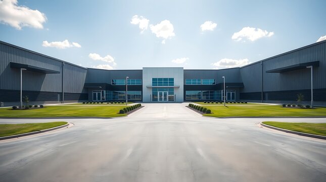 Modern industrial office and warehouse complex with paved driveway, green lawns and blue sky with clouds