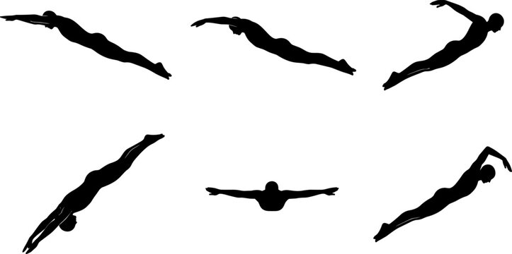 Silhouette collection of swimmer in diving and swimming poses, athletic motion, fluid movement, water sport illustration, isolated vector design