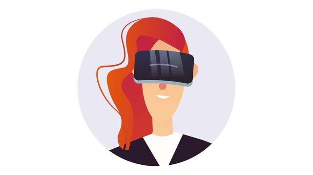 Animated illustration of woman wearing VR headset and smiling