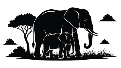 Elephant Mother and Calf Silhouette in African Savanna Nature Scene © SK design