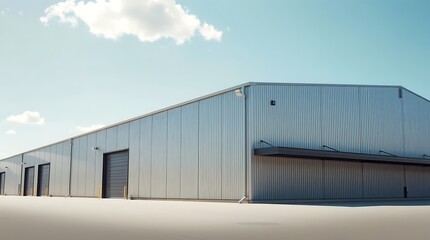 Fototapeta premium Modern industrial warehouse building exterior with large roller doors under clear blue sky, minimalist commercial architecture