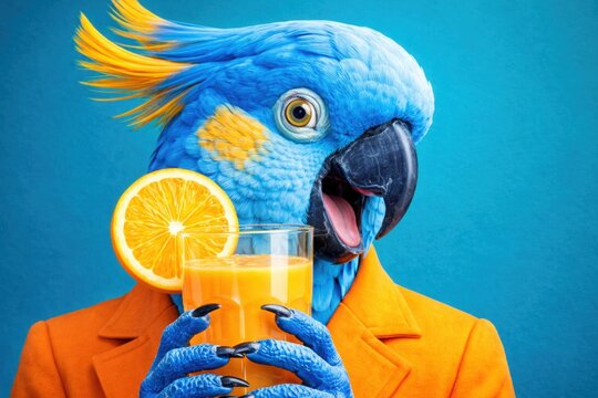 Creative blue parrot drinking orange juice surreal colorful concept for branding marketing advertising summer background, cocktails, banner background