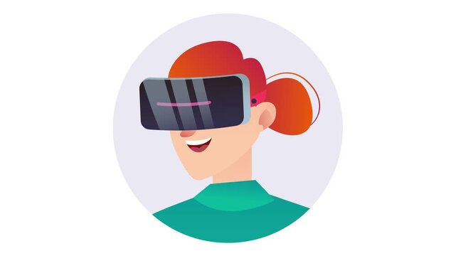Flat vector animation of woman wearing virtual reality headset portrait