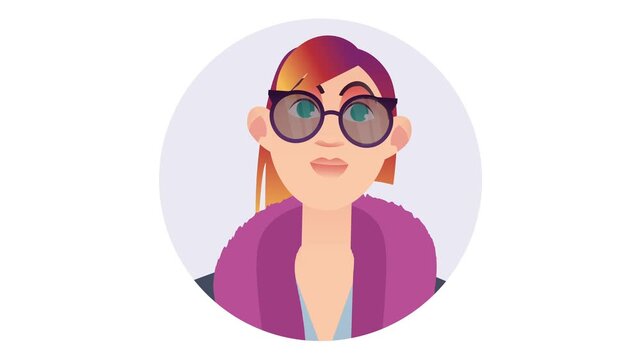 Stylish woman avatar with glasses in pink coat, flat vector illustration