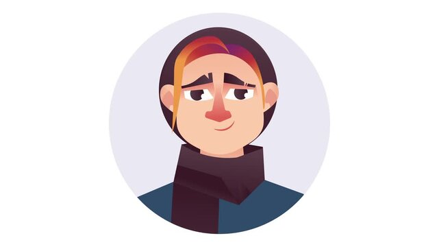 Animated young man portrait with worried expression in circular frame