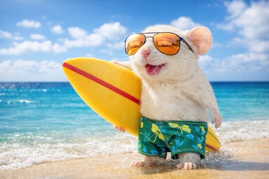 Funny mouse surfer with sunglasses on tropical beach summer vacation concept for creative marketing advertising branding and playful visuals