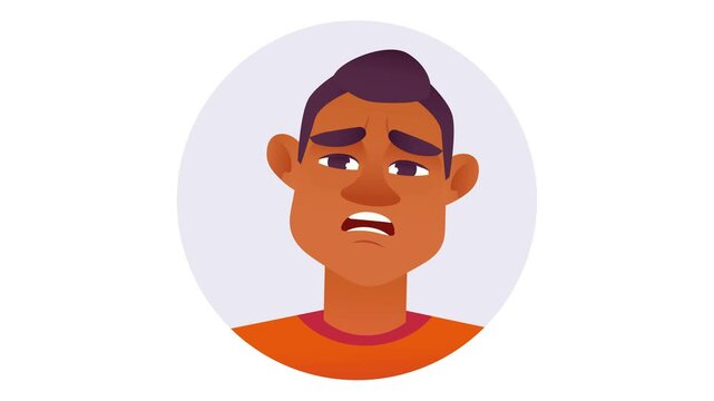 Confused young man avatar in circular frame, flat animation portrait