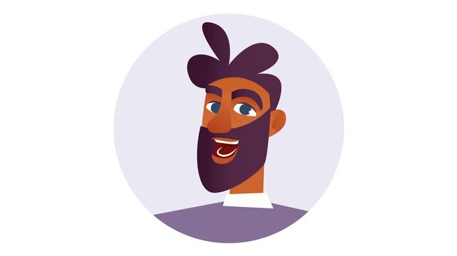 Animated bearded man avatar in flat vector portrait with circular frame