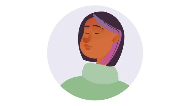 Animated female avatar portrait in circular frame on white background