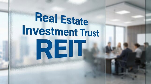Real Estate Investment Trust REIT sign on a glass office wall with a business meeting in the background.