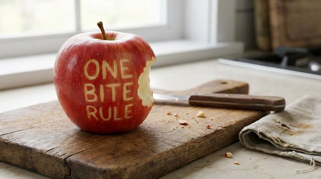 Red apple with the words One Bite Rule carved into it sitting on a wooden cutting board.