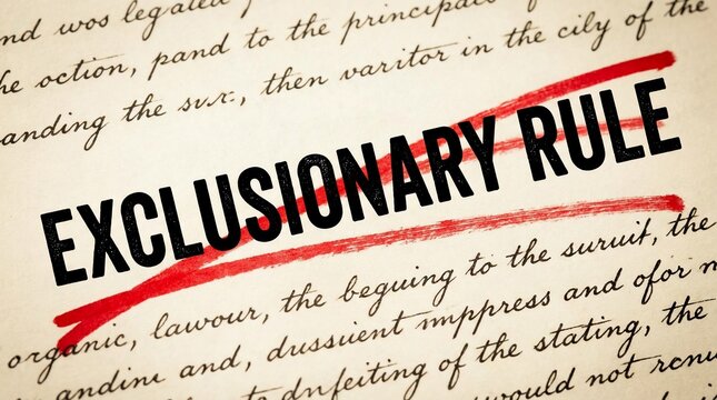 Red line crossing out the words Exclusionary Rule on a legal document background.