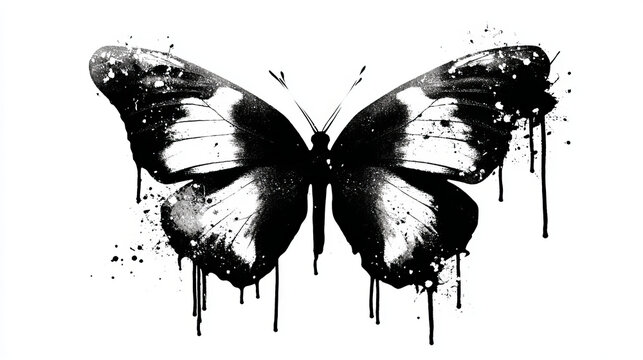 Elegant black and white butterfly graffiti stencil with dripping paint texture