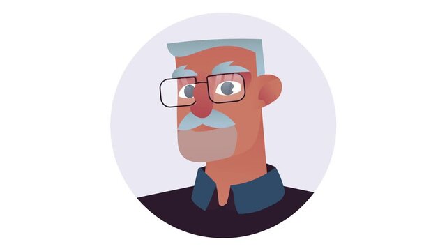 Stylized animated elderly man portrait avatar with glasses and gray beard