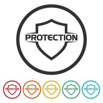 Protection shield icon. Set icons in color circle buttons