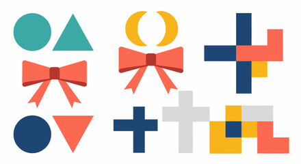 Obraz premium Collection of Colorful Geometric Shapes and Ribbon Bows on Isolated White Background