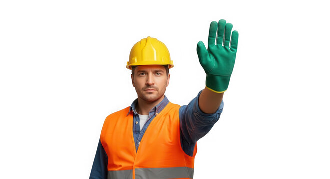 Construction worker making stop gesture isolated on transparent background