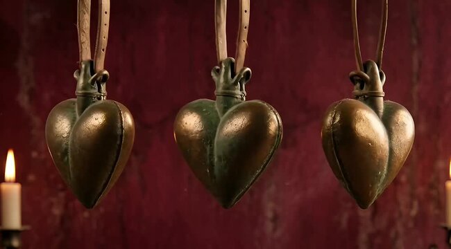 Three antique heart-shaped lockets hang in a dimly lit, ornate room, evoking mystery and sentimentality.