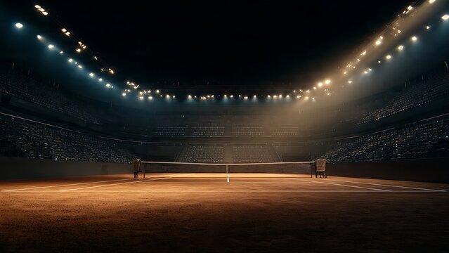 Empty clay tennis court bathed in dramatic stadium lights at night, set under a dark sky, highlighting a professional sports arena ready for competition