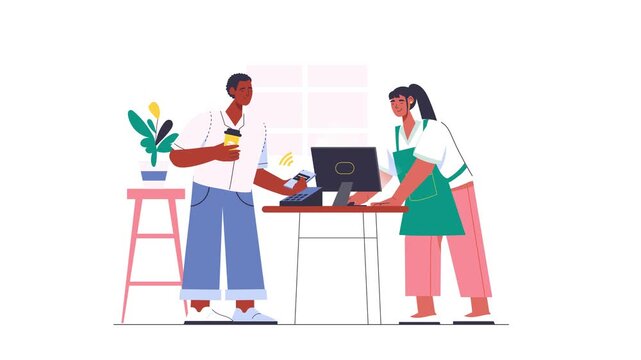 Animated retail workers processing card payment at checkout counter