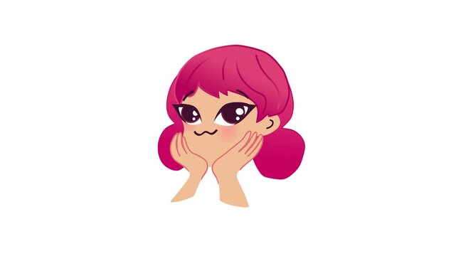 Animated pink haired girl resting chin in hands cartoon illustration