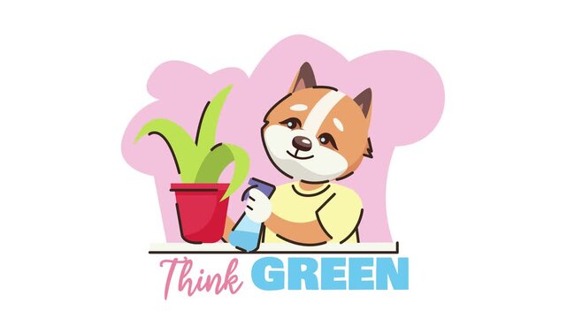 Cute fox mascot with spray bottle and potted plant, Think Green animation