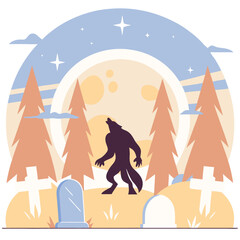 Obraz premium Werewolf Graveyard Howl Night Cemetery Illustration Creature Spooky Monster Silhouette Moonlight Scene