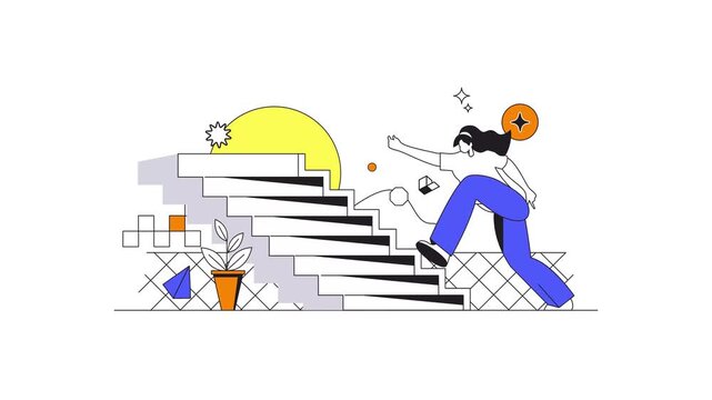 Animated woman climbing abstract staircase in modern flat vector design