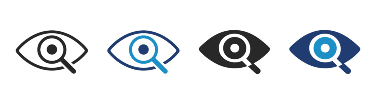 Eye search icon set, magnifier and vision symbols, find, zoom, scan and inspection concept, outline, glyph and solid vector collection, interface and ui elements on transparent background