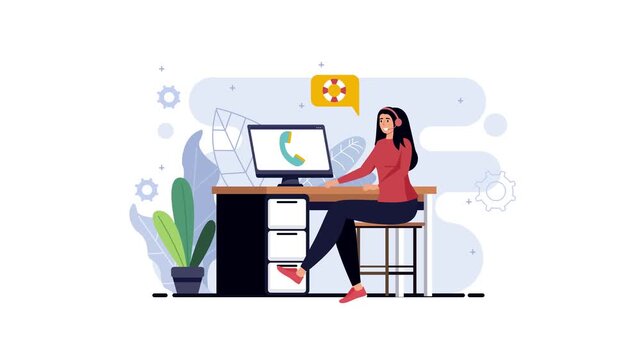 Animated customer support agent working at desk with headset and computer