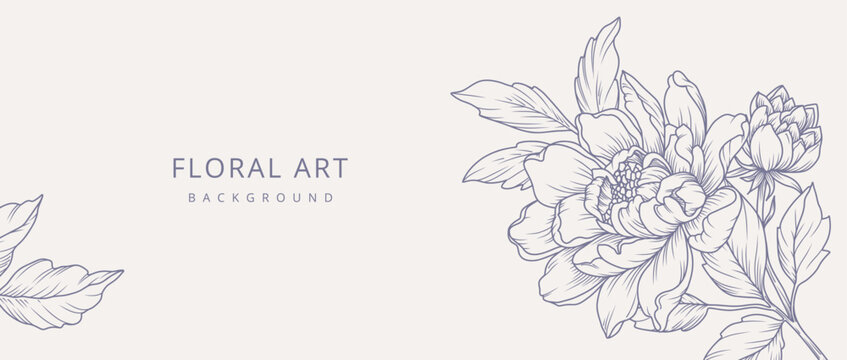 Luxury line art background with hand drawn flowers. Vector vintage design with a bouquet of flowers, branches, leaves for card, branding, wedding invitation, cover, wallpaper, save the date