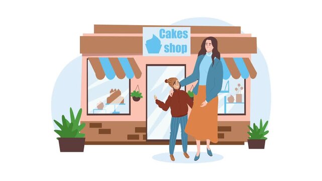 Mother and daughter outside cake shop storefront in flat vector animation