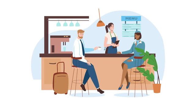 Coffee shop interior with barista serving customers, vector illustration