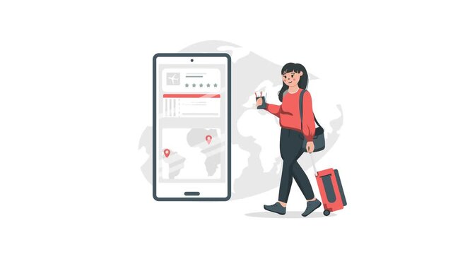 Animated female traveler using mobile app with suitcase and world map