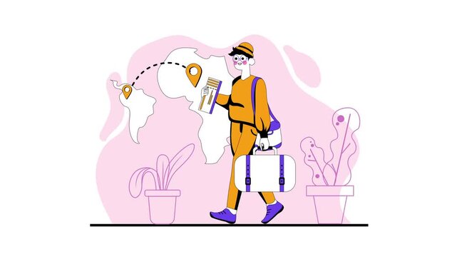 Traveler with suitcase and map pins in animated travel illustration