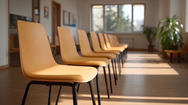 A row of empty modern chairs bathed in warm sunlight in a minimalist seminar room