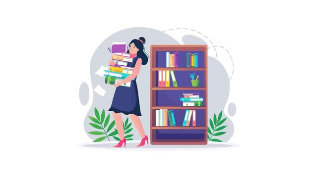 Young woman carrying stack of books beside bookshelf, animated vector art