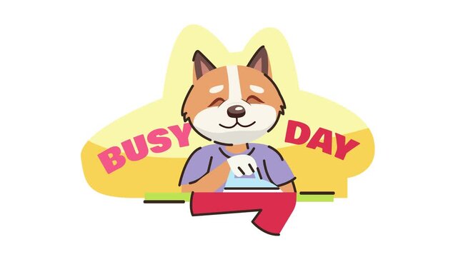 Cute fox character ironing laundry with busy day message animation