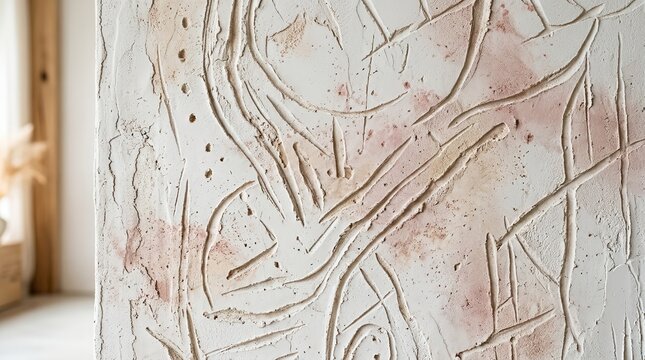 A close-up view of a textured stone carving with intricate designs