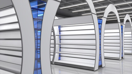 Rows of retail curved design gondola shelving and arched banners. 3d illustration © Wire_man