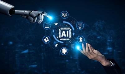 Obraz premium Futuristic Interaction Between Human Hand and Robot Arm Symbolizing Collaboration in Artificial Intelligence Development and Innovation Quark.