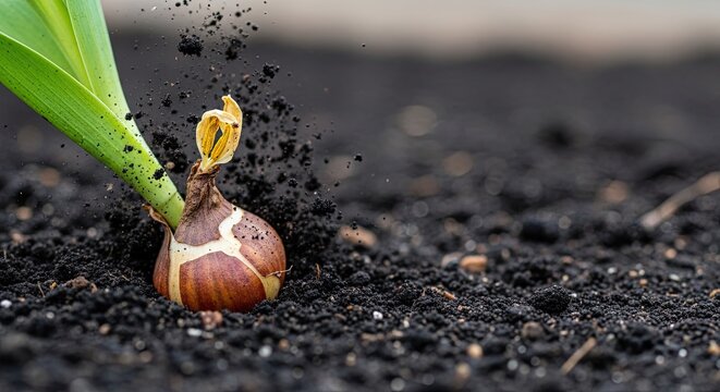 Bulb emerging from soil with green shoots during growth process. New plant development highlights bulb's vibrant features while dirt gently falls around it.
